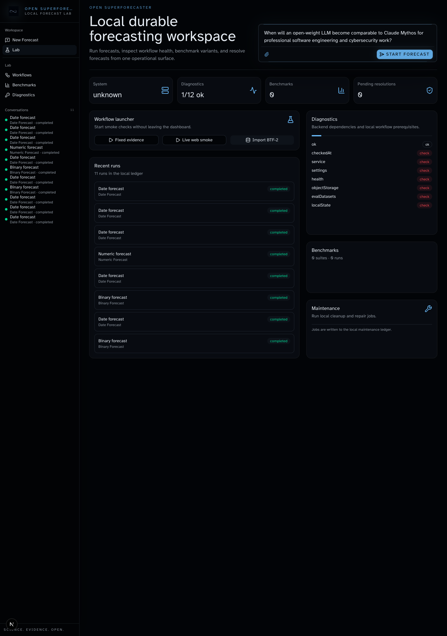 Benchmark Lab dashboard with workflow launcher, diagnostics, recent runs, and benchmark status